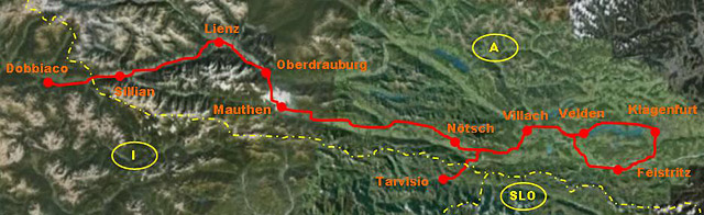 Il percorso della vacanza in bici dalla Pusteria al Wörthersee, con partenza in Alto Adige e arrivo in Friuli Venezia Giulia, attraverso il Tirolo dell'Est e la Carinzia.